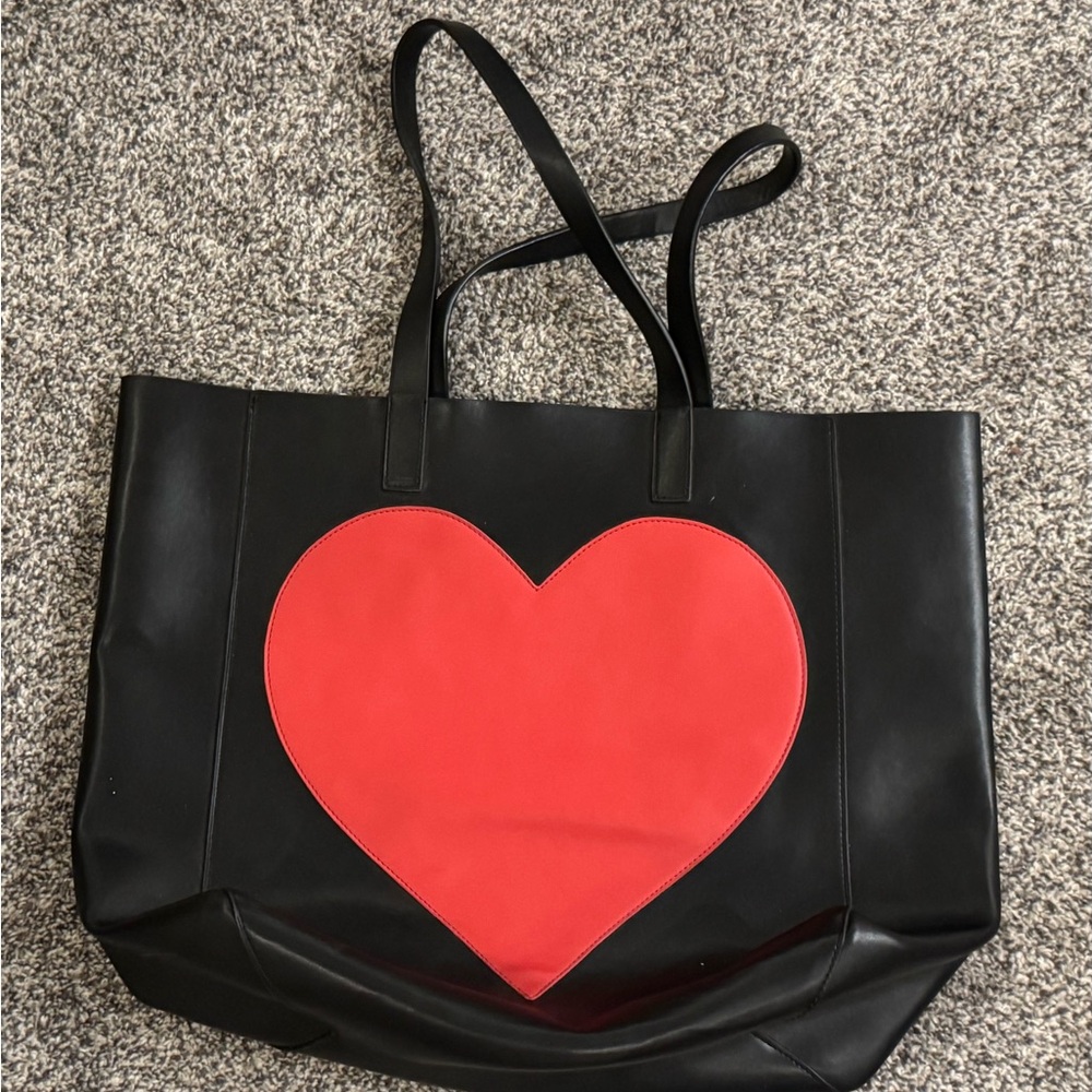 Chic Large Black Tote with Red Heart Accent